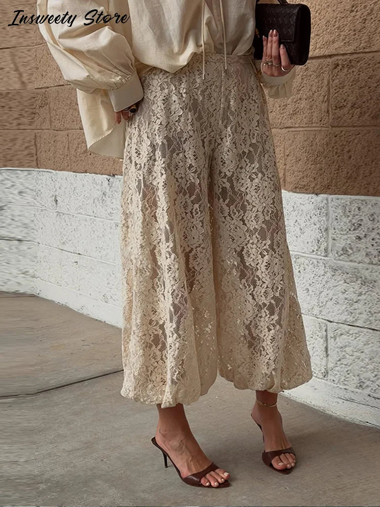 Bohemian Lace Trim Elastic Waist Lounge Pants for Women