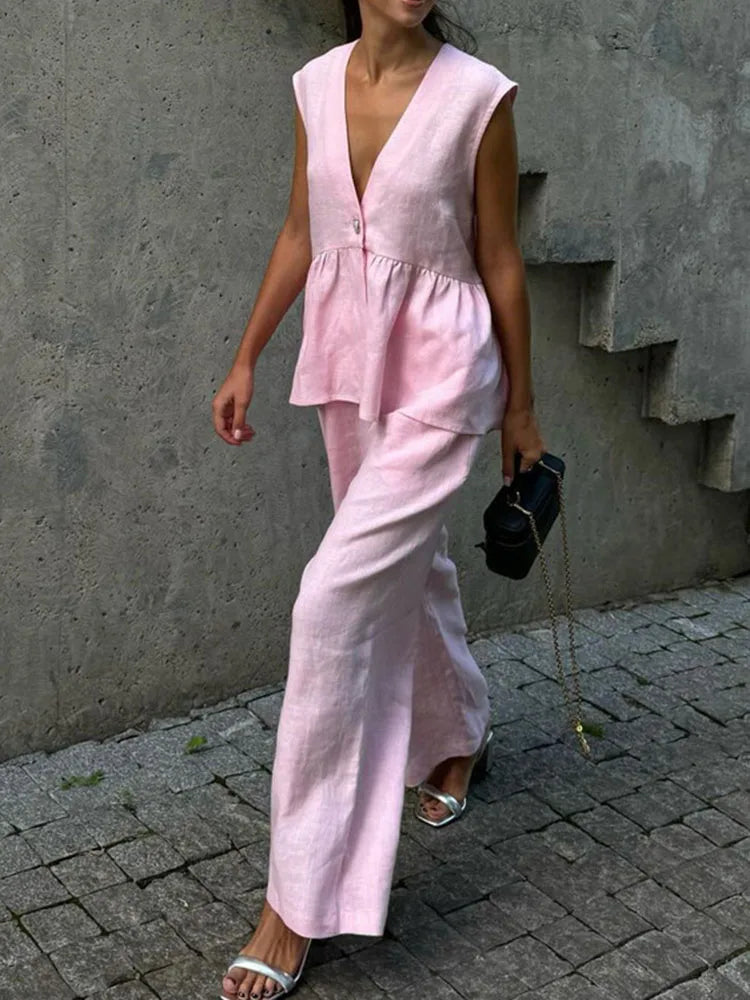 2026 Summer Cotton Two Piece Set Women Sleeveless Loose V Neck Waistcoat Elastic Wide Leg Pants Tracksuits Office Lady Outfits