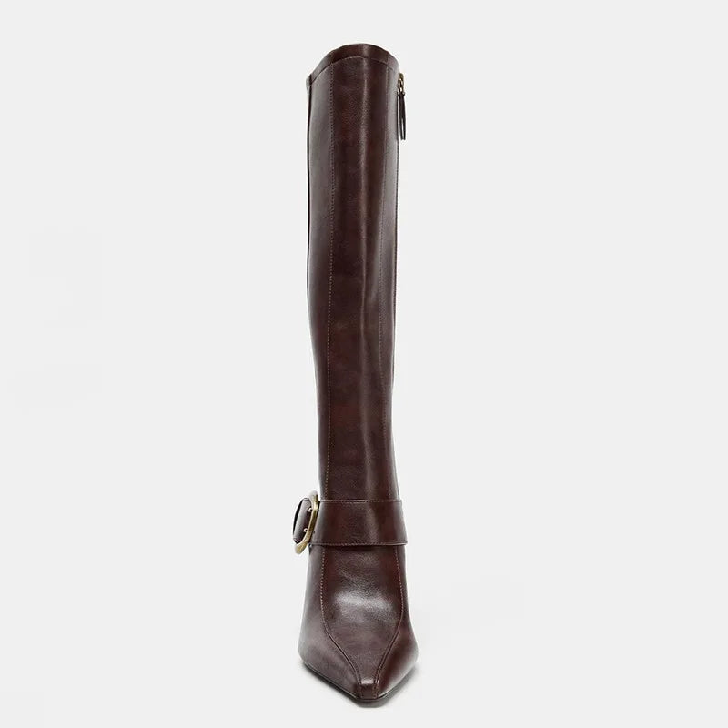 Elegant Pointed Toe Metal Buckle Mid Calf Boots for Women