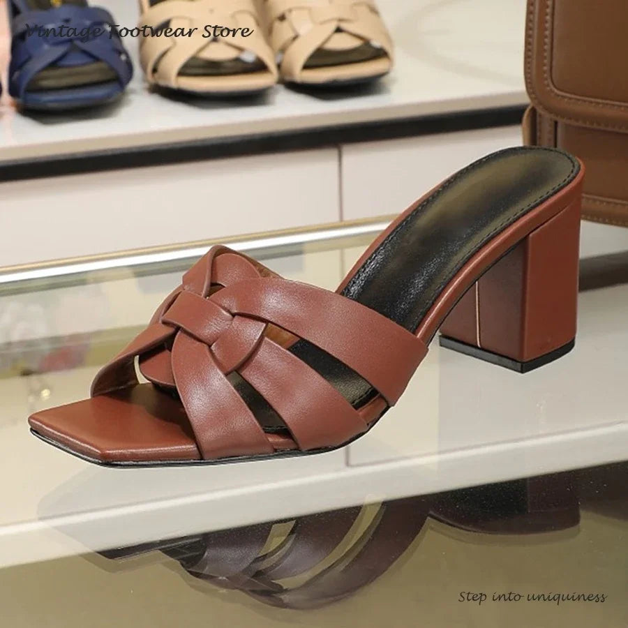 Interwoven Strap Square Toe Block Heel Mules for Women