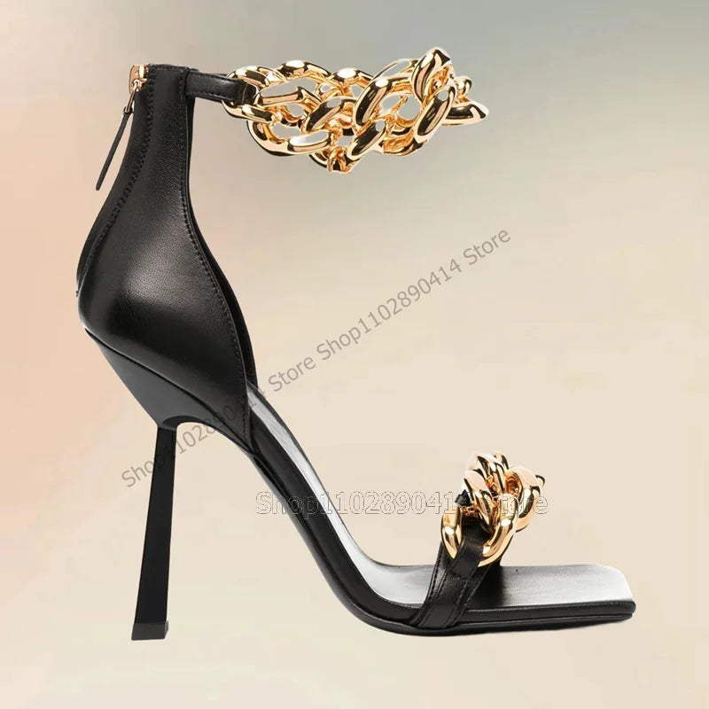 Snakeskin Print Gold Chain Decor Open Toe Sandals for Women