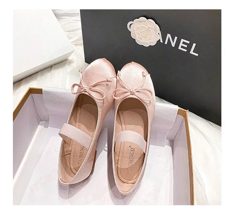 Round Toe Bow Satin Mary Jane Ballet Flats for Women