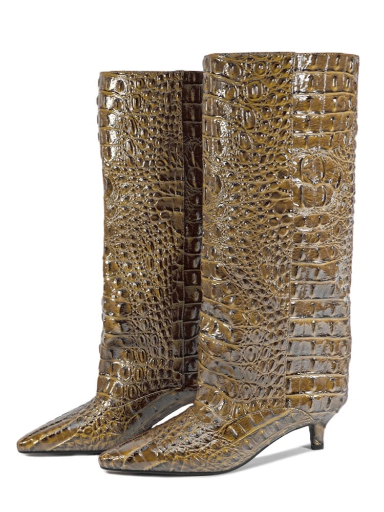 Crocodile Print Wide Shaft Kitten Heel Knee High Boots for Women
