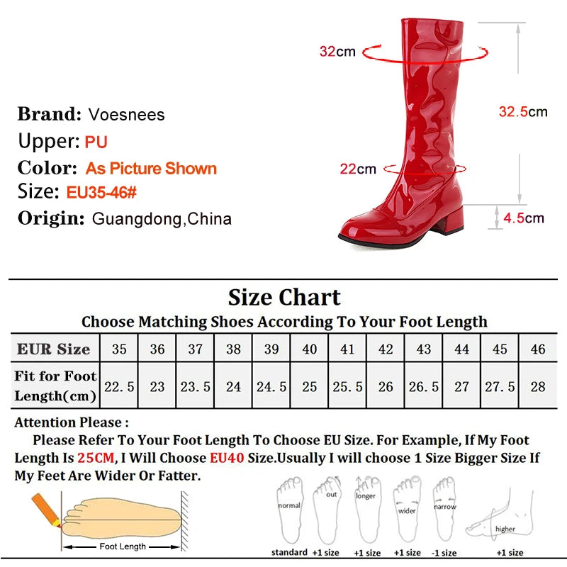 Red Patent Leather Square Toe Knee-High Boots for Women