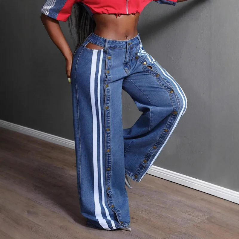 ANJY Spring Autumn New Women Streetwear Fashion Buttons Slit Striped Color Block Jeans Stylish Loose Wide-Leg Denim Pants A23331