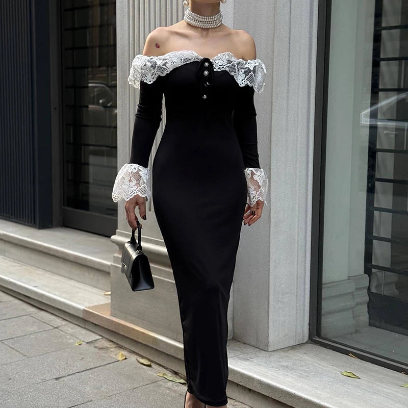 Elegant Off Shoulder Ruffle Wrap Hip Dress 2026 Sexy Lace Splicing Solid Long Dress Women's Casual Flared Sleeves Party Dresses