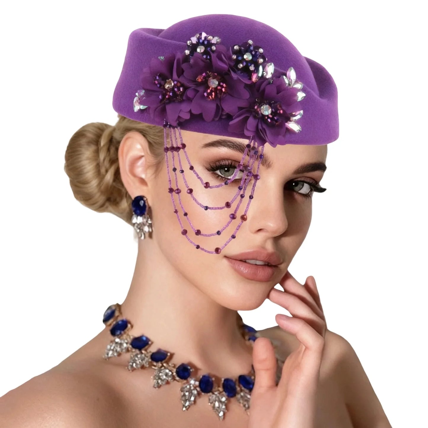 Retro British Beret With Floral Rhinestone Decor For Women