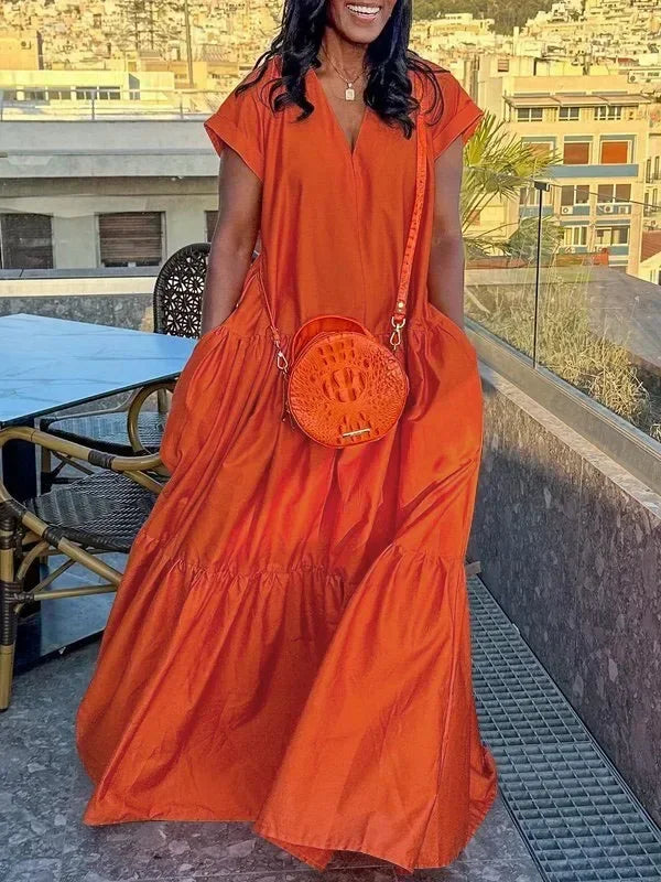 UOOZEE Female Stylish Solid Color Pleated Dress 2024 New Summer Short Sleeves V-neck Loose Casual Going Out Maxi Dresses
