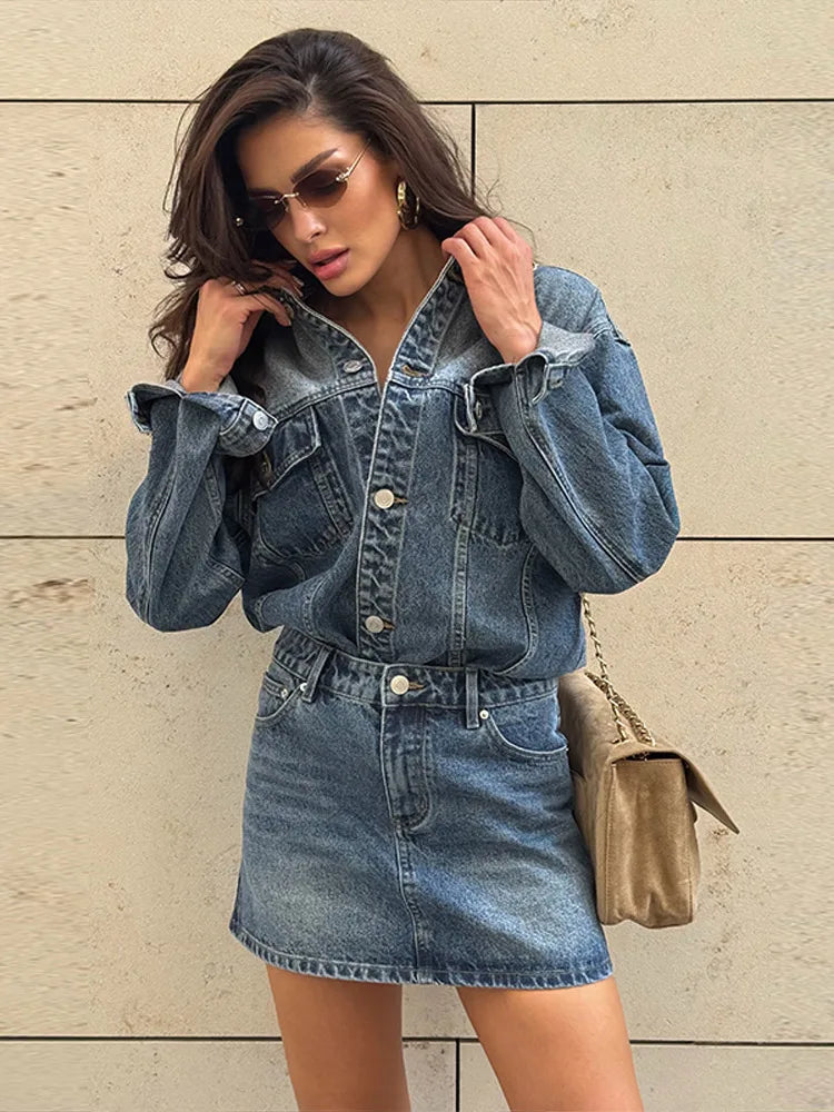 High Waisted Acid Wash Denim Two Piece Set For Women