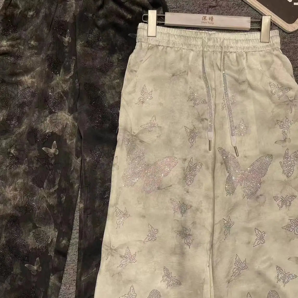 Sparkling Sequin Satin Wide Leg Casual Pants for Women