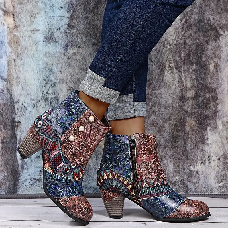 Vintage Printed Leather Zippered Ankle Boots for Women