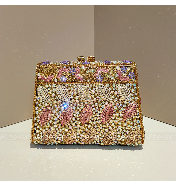 Metallic Leaf Diamond Evening Bag With Rhinestone Accents for Women