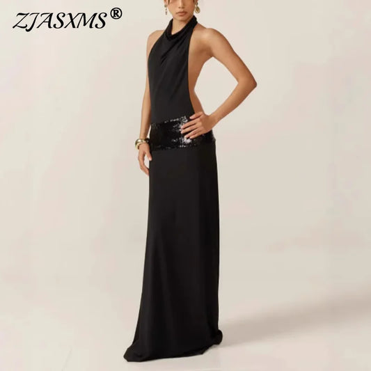 Evening Dress With Backless Sequin Waist – Halter Neck
