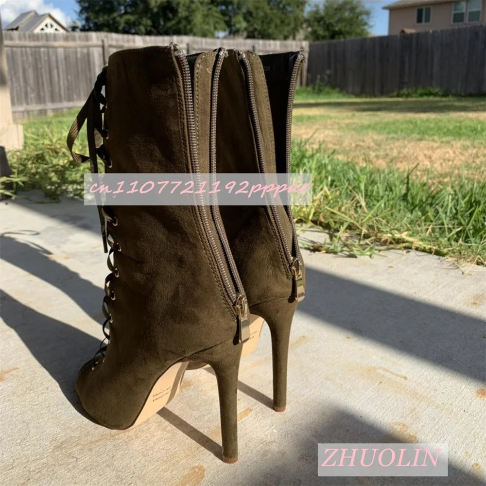 Open-Toe Suede Boots With Lace-Up Side Zipper for Women
