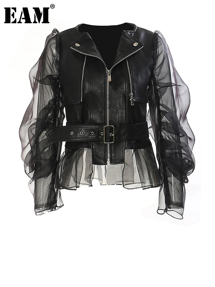 Elegant Loose Fit Black Faux Leather Lapel Jacket for Women
