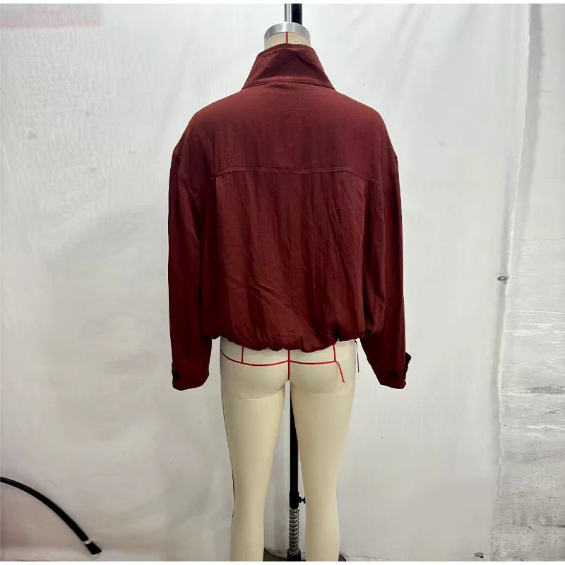 Casual Solid Loose Jacket Stand Collar With Big Pockets for Women