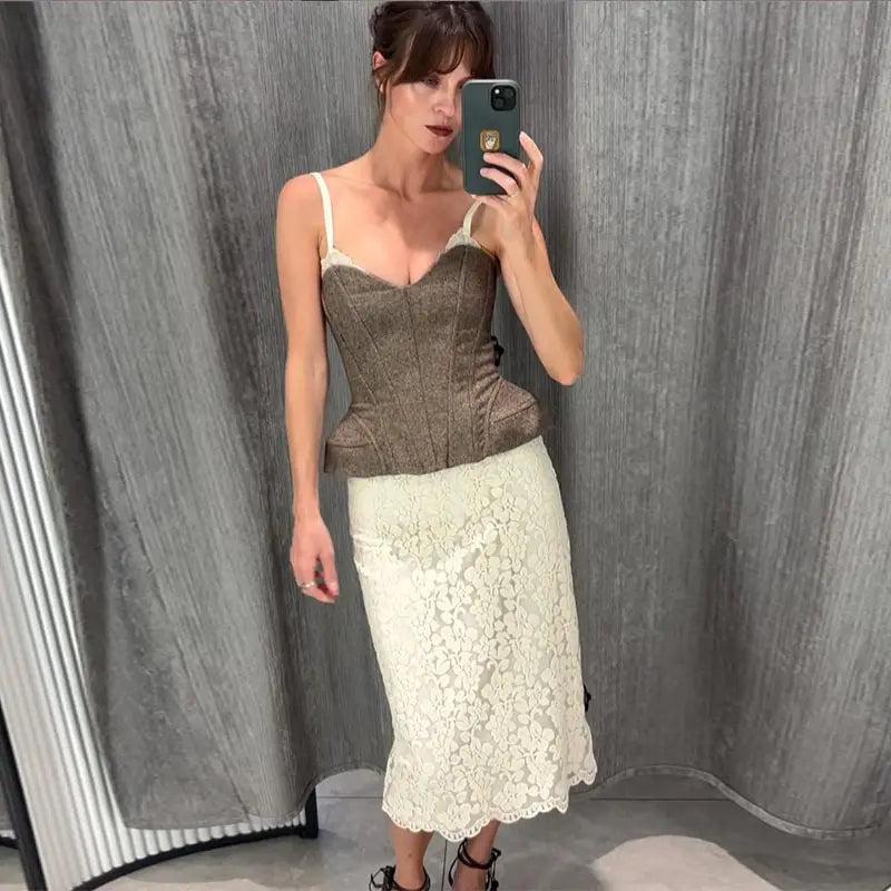 Elegant White Lace Corset Two Piece Skirt Set for Women