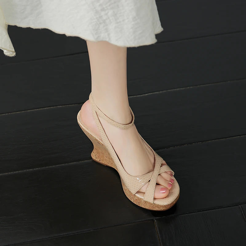 Snakegrain Textured Buckle Platform Wedge Sandals for Women
