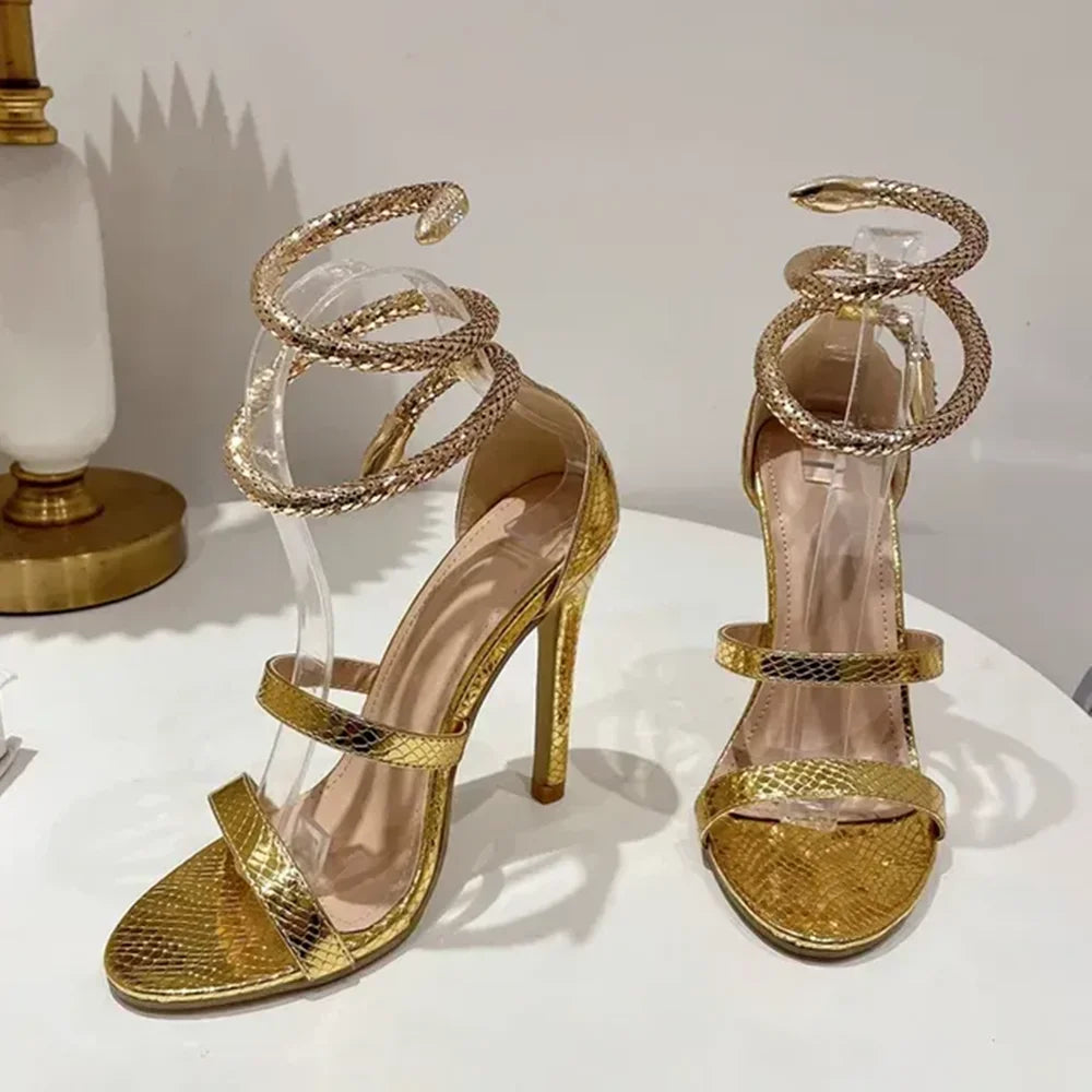 Gold Snake Embossed Ankle Wrap Sandals