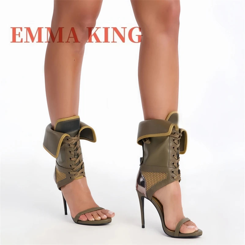 Green Fold-Over Lace-Up Open Toe Cutout Mesh Sandals for Women