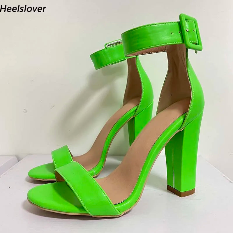 Elegant Green Square Toe Buckle Strap Heeled Sandals For Women