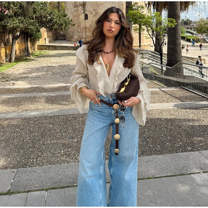 Women Shirt Loose Casual Ruffled Edges Female Blouses V Neck Lace Up Short  Woman Shirts Spring Summer Blouse Top 2025 New