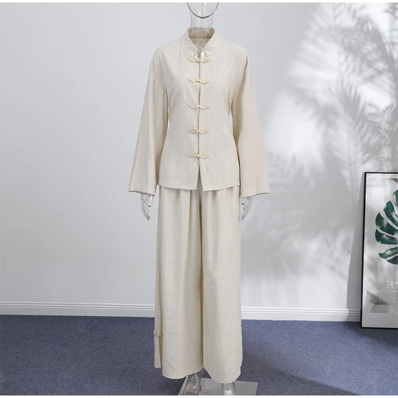 Casual Cotton Coat And Wide Leg Trouser Set for Women
