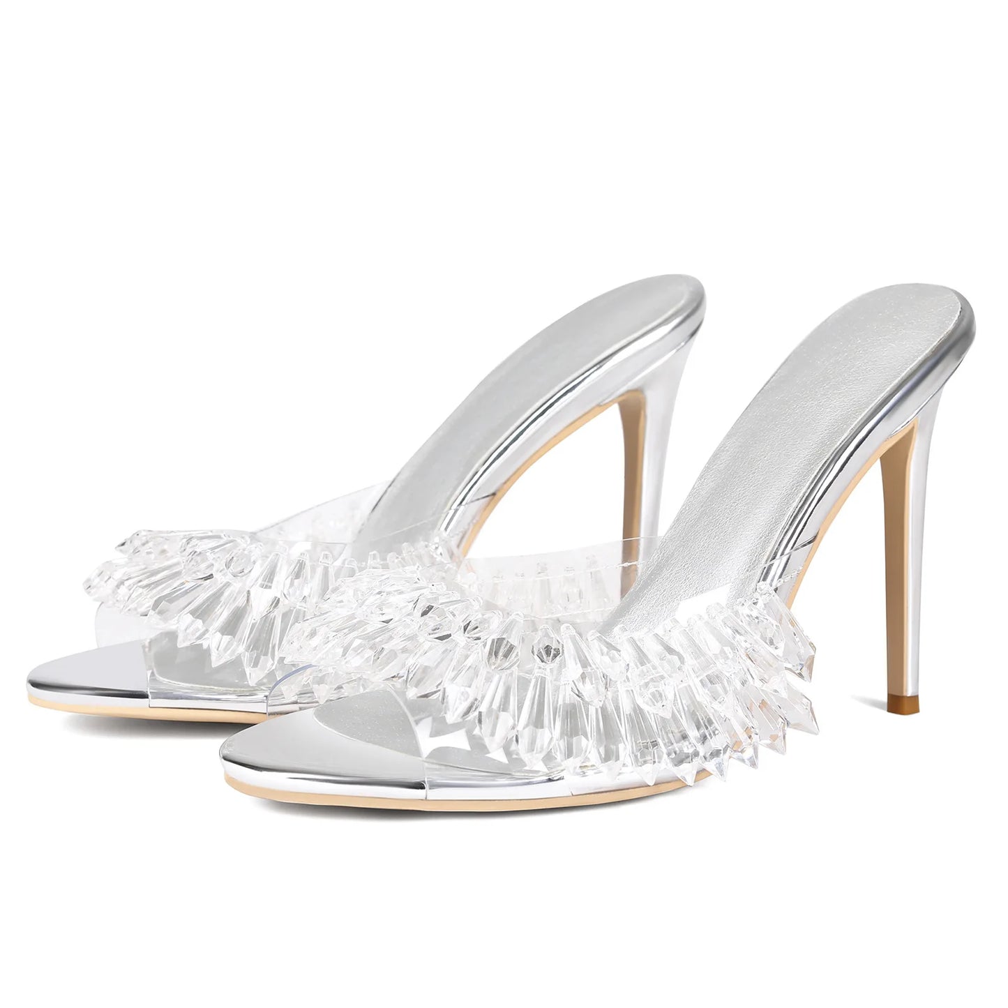 Elegant Crystal Clear Embellished Open Toe Mules for Women