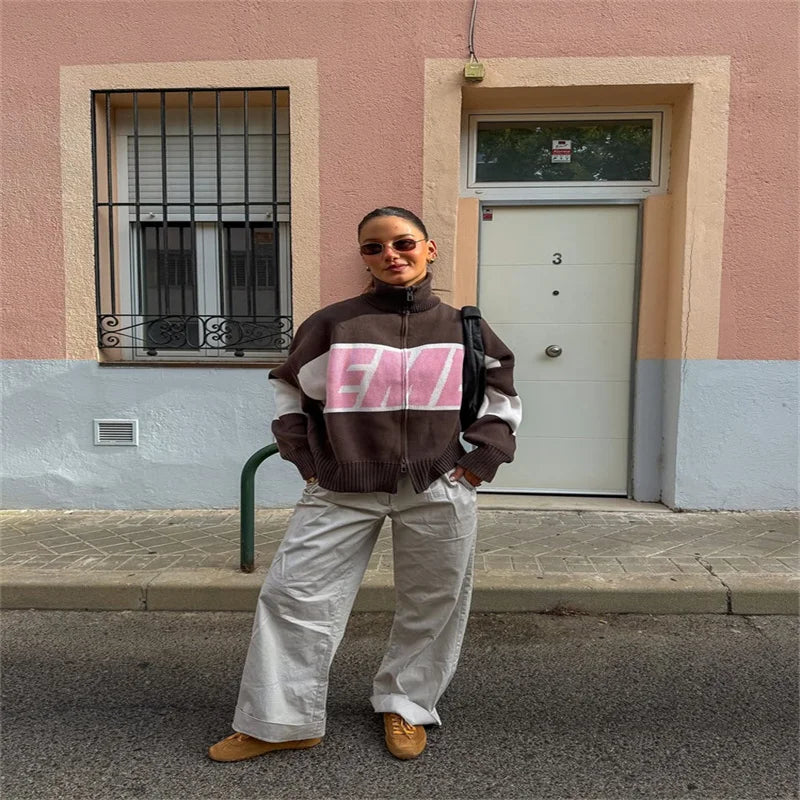 Letter Women 's Sweater Stand Collar Y2k Knit Sweaters For Woman Zipper Full Sleeve Tops Female 2025 Winter Men Jacket Knitwear