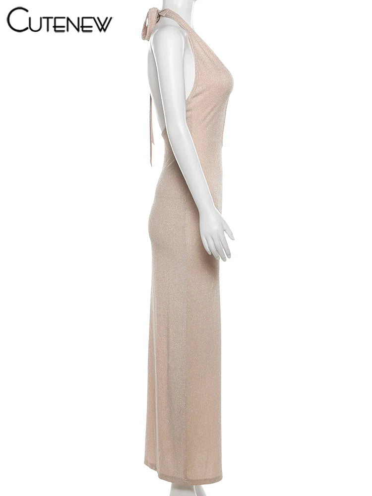Cutenew Halter Shiny Maxi Dress Women Trend Elegant Bandage Backless Cut Out Low Neck Sleeveless Bodycon Female High Street Robe
