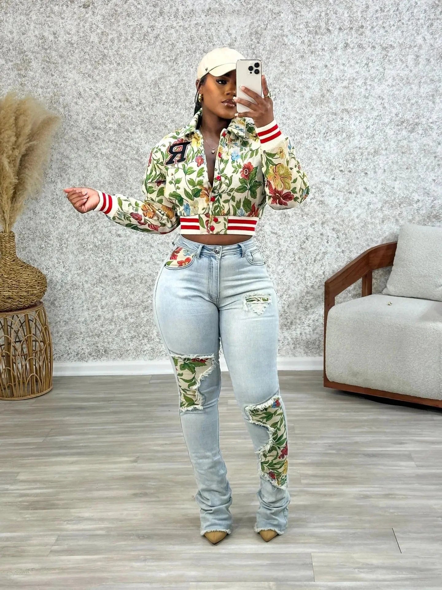 Streetwear Floral Print Short Jacket Sexy Women Turn Down Collar Elegant High Street Club Coat Outerwear