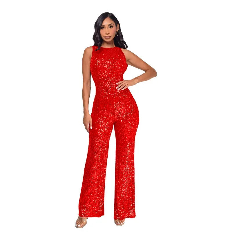 Glitter Sequin Round Neck Sleeveless High Waist Slim Fit Jumpsuit for Women