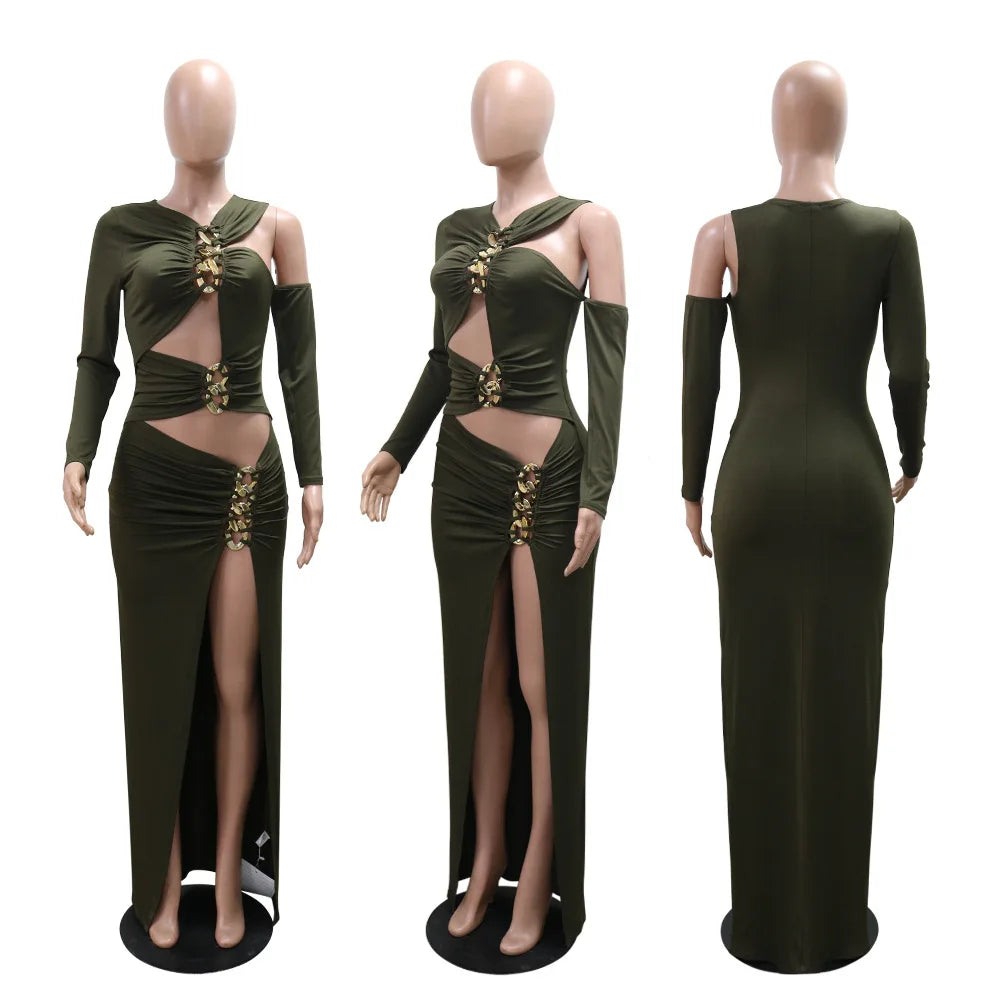 Joskaa Elegant Metal Decoration Hollow Birthday Dress Woman Sexy Irregular Full Sleeve High Split Maxi Dresses 2025 Clubwear