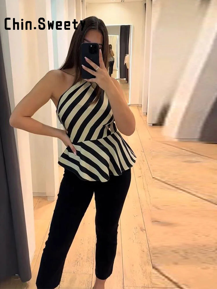 One Shoulder Striped Pleated Top With Backless Cut for Women