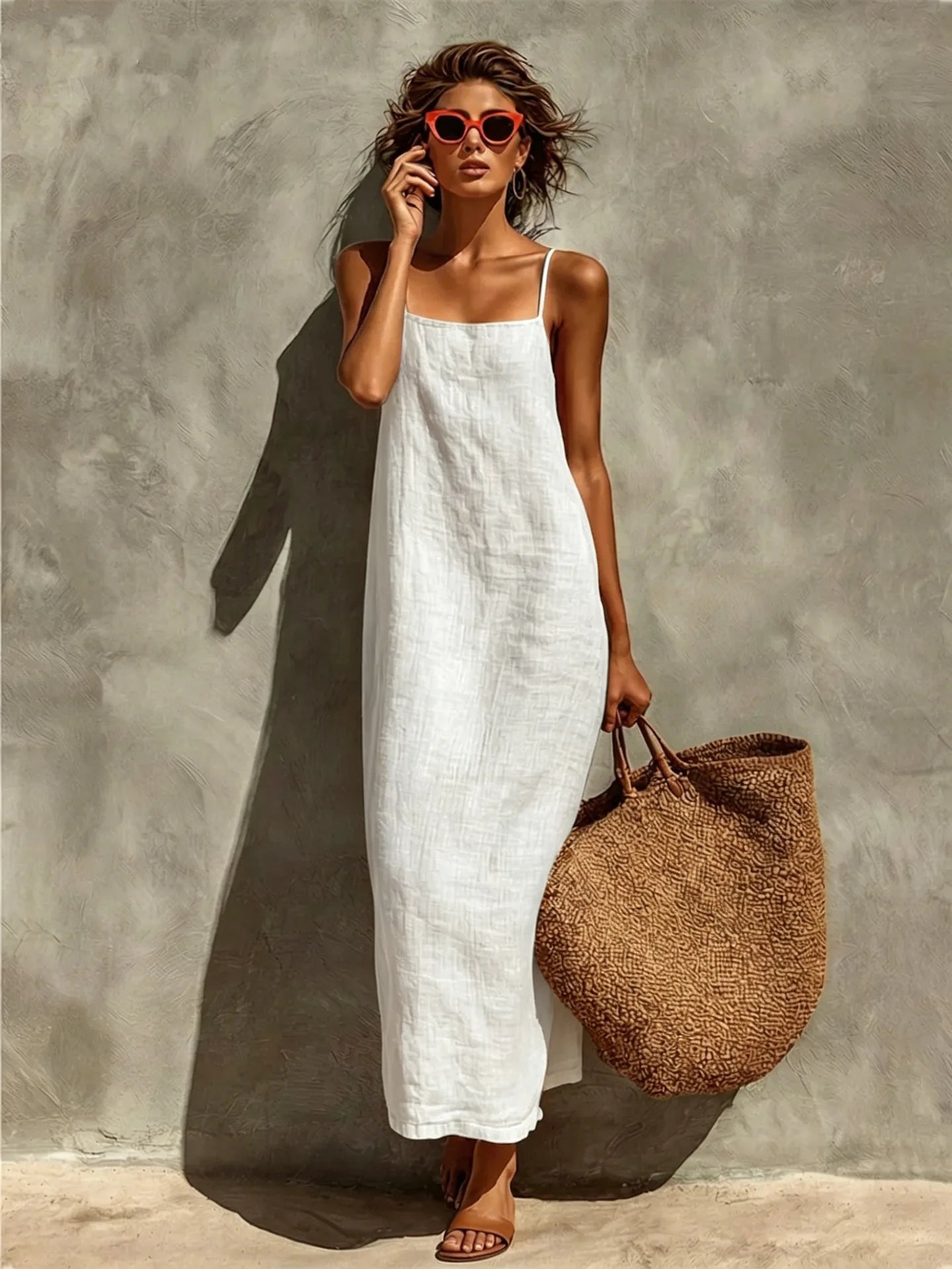 New Solid Color Square Neck Spaghetti Strap Linen Maxi Dress for Women