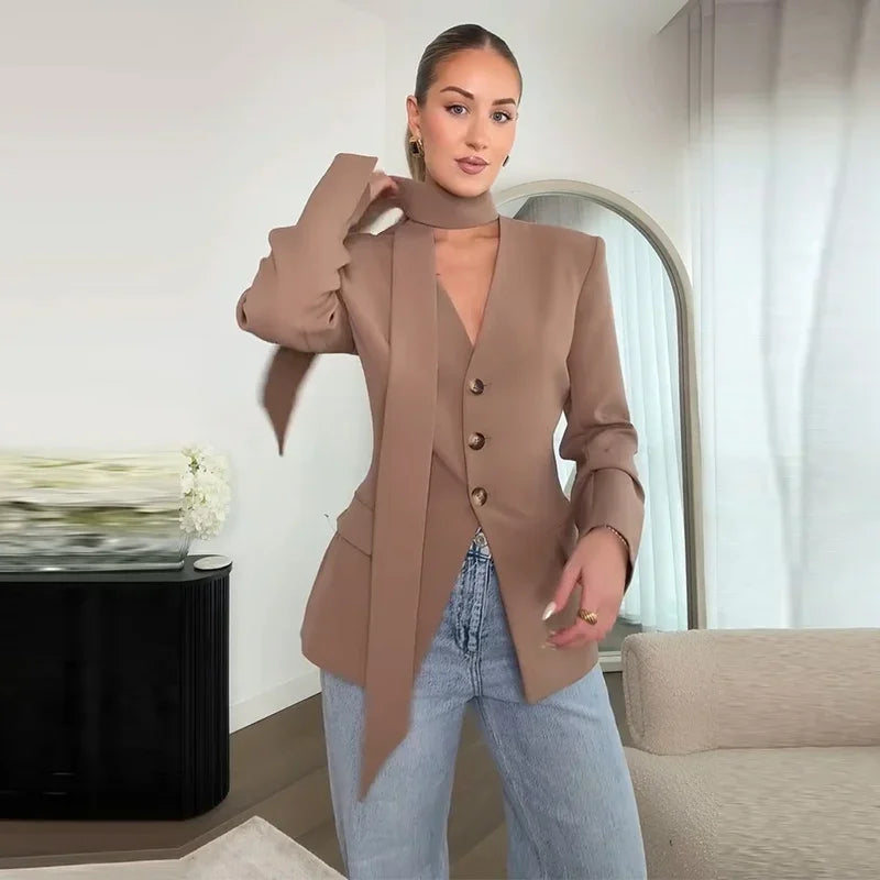 Elegant Slim V-Neck Scarf Trim Blazer Coat for Women
