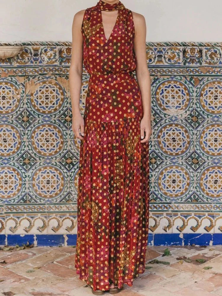 Bohemian Print Two Piece Top and Maxi Skirt Set for Women