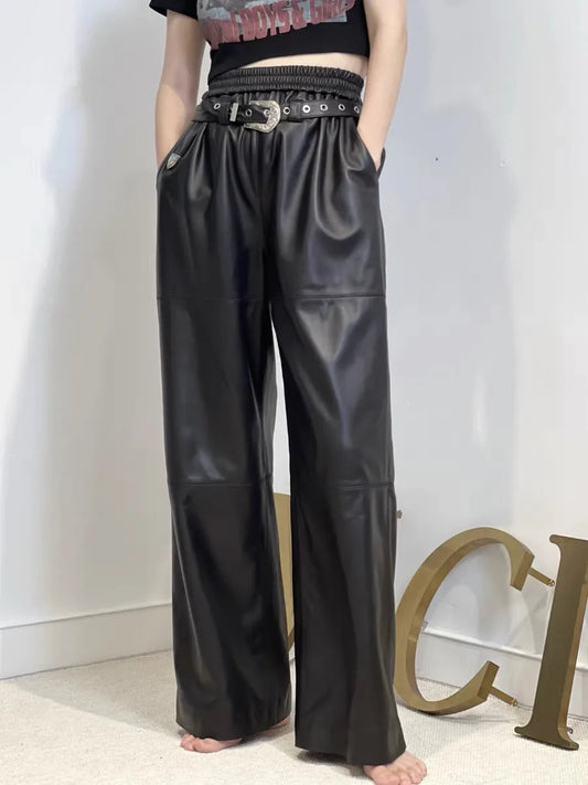 Y2K Cargo Pants Women High Waist Baggy Pants 2025 New Korean Fashion Wide Leg Genuine Leather Trousers Streetwear Loose Style