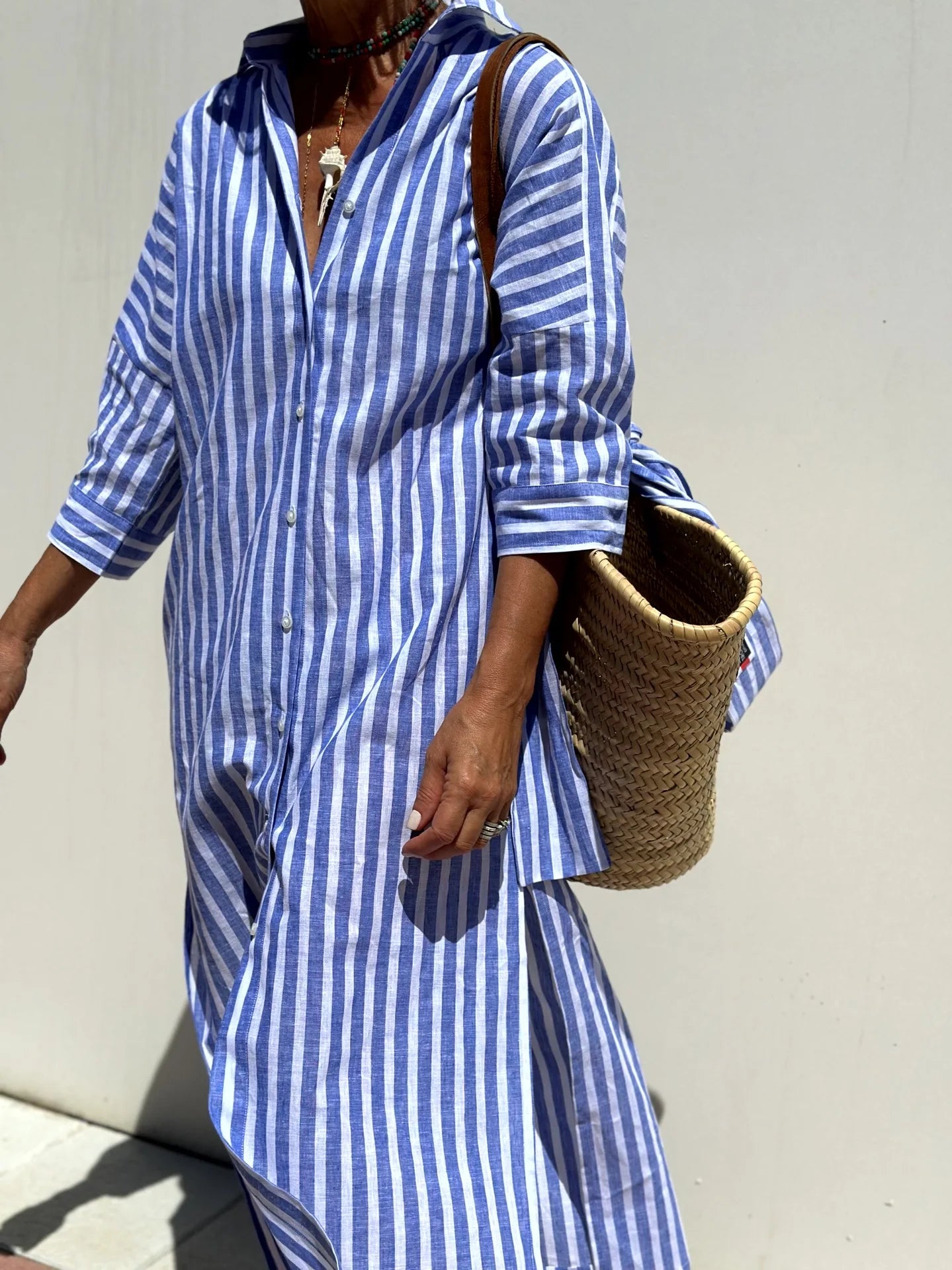 Striped Belted Ankle Length Half Sleeves Lapel Dress for Women