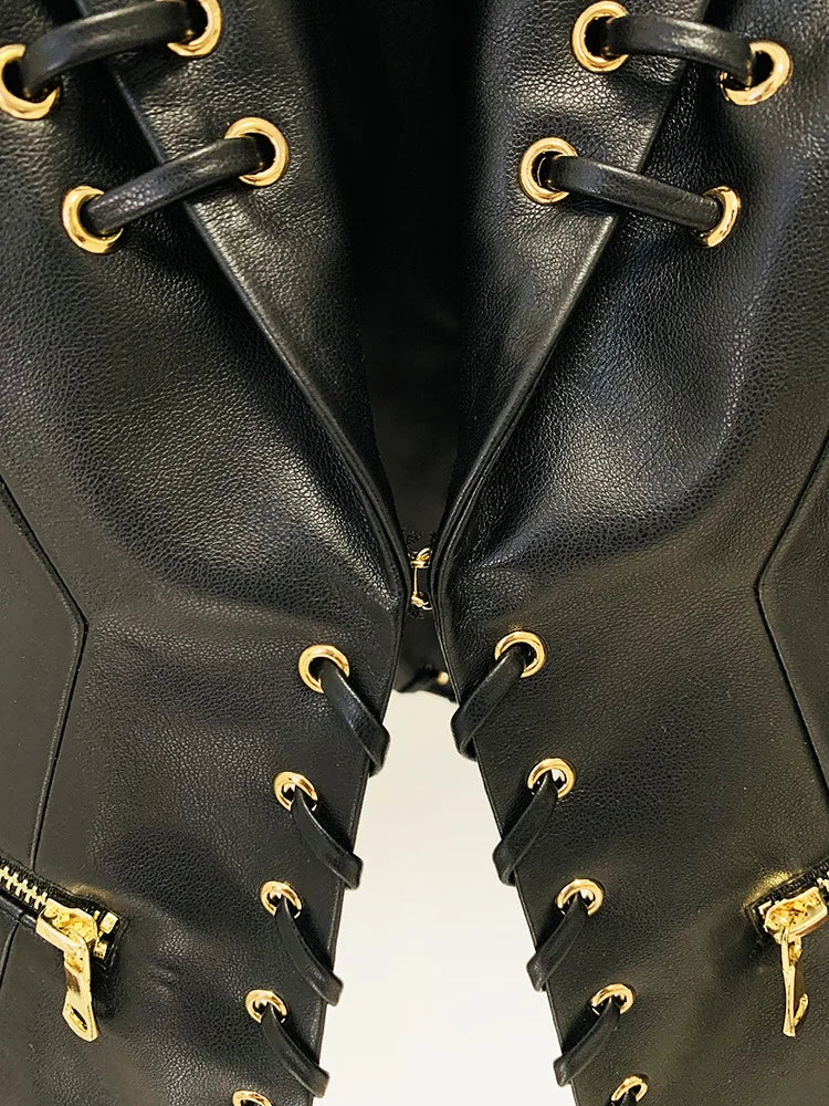 Mandarin Collar Lace-Up Faux Leather Jacket for Women