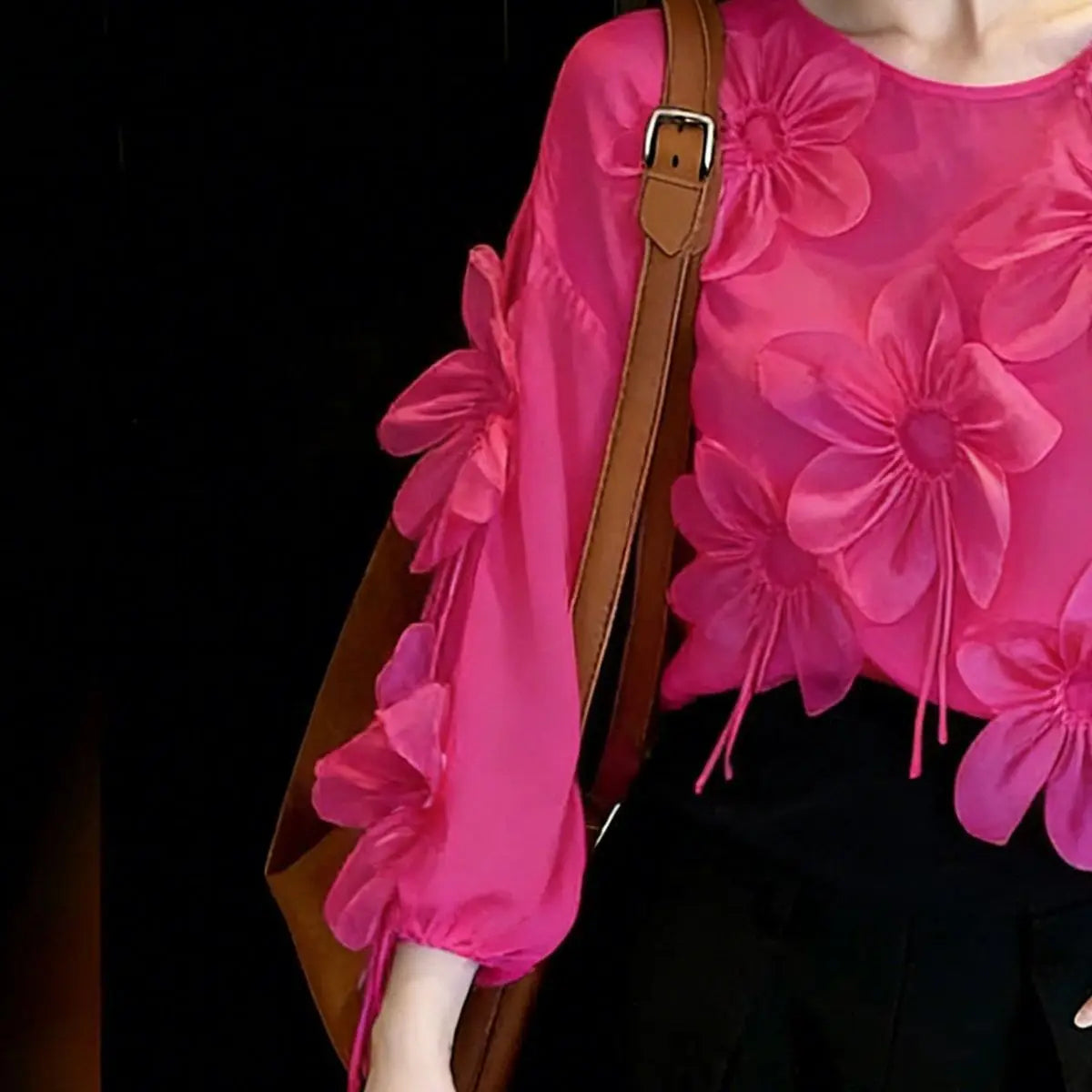 Three Dimensional Flower Lightweight Long Sleeve Top for Women