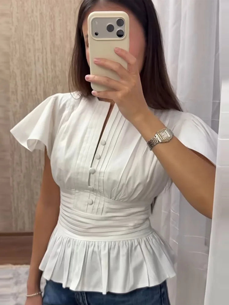 Elegant Puff Sleeve Cinched Waist Solid Color Blouse for Women