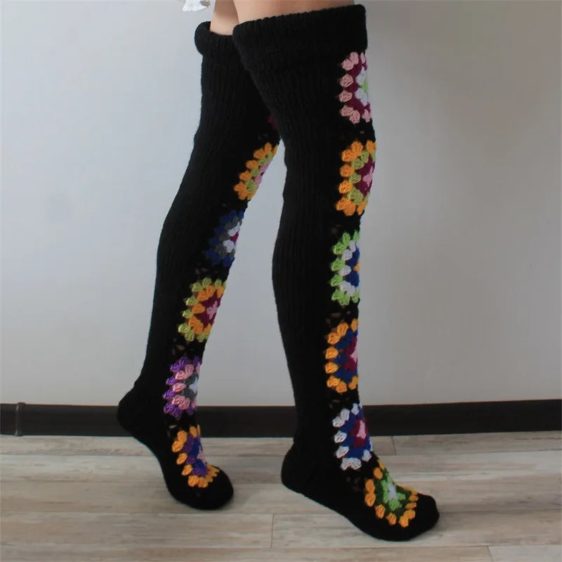 Ethnic Crochet Knit Autumn Winter Thigh High Socks for Women