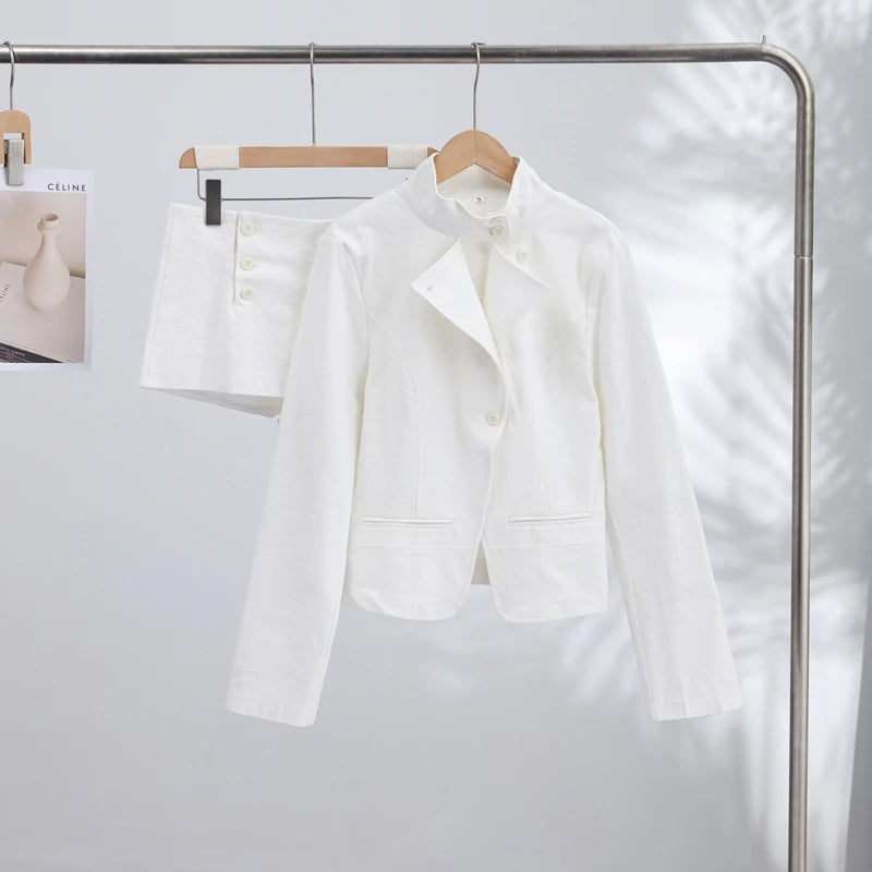 Casual Stand Collar Jacket and Shorts Set for Women