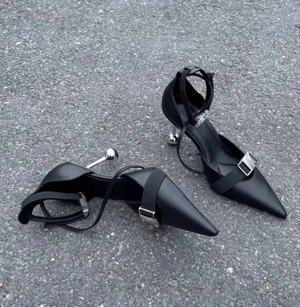 Black Strappy Metallic Sphere Pumps
