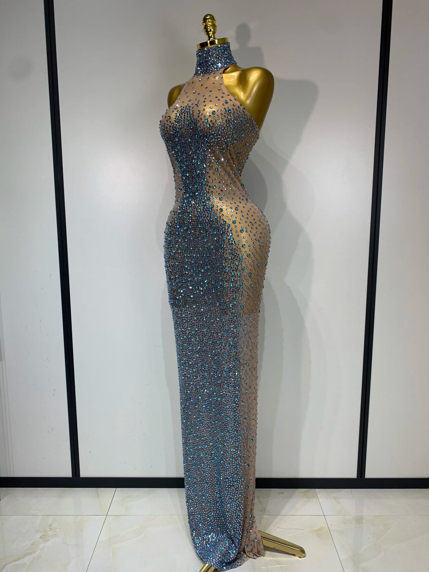 2025 New Sleeveless Mesh See Through Long Dress Sexy Backless Sparkly Rhinestone Dress Celebration Festival Evening Party Gowns