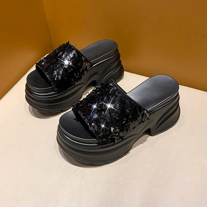 Metallic Sequined Platform Wedge Sandals for Women