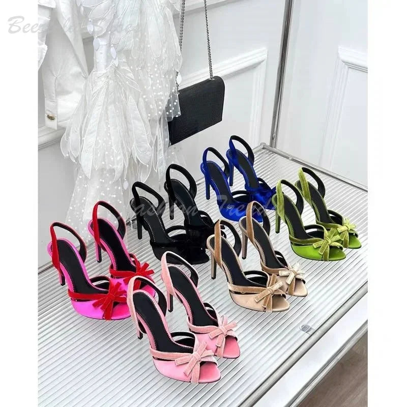 Rose Red Suede Bow Buckle Stiletto Sandals For Women