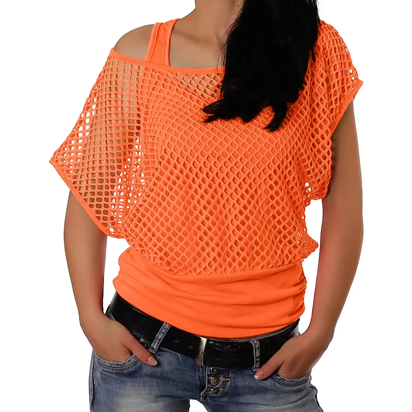 Vintage Neon Fishnet Short Sleeve Off Shoulder Top for Women