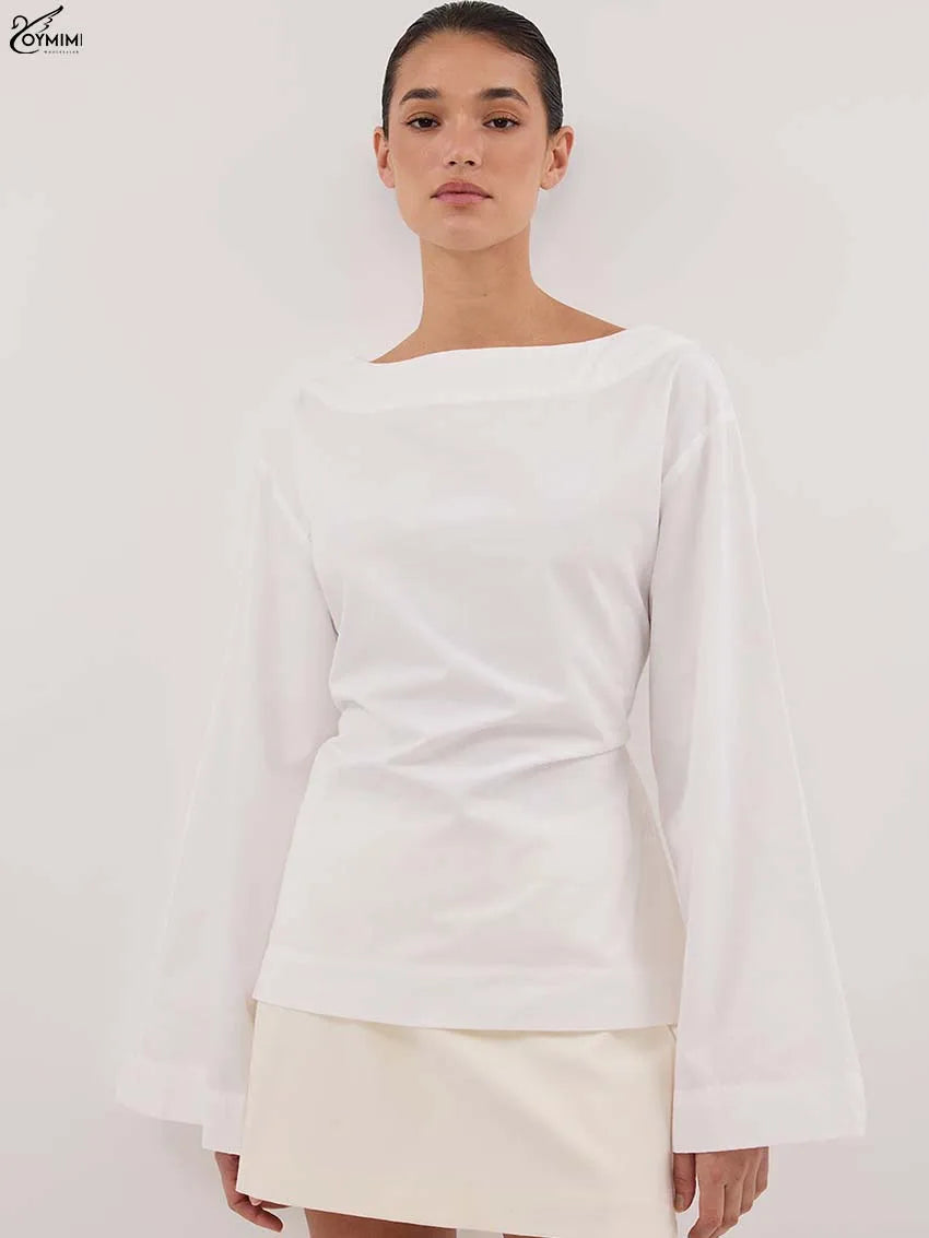 Oymimi Fashion Black Cotton Women's Blouse Elegant O-Neck Long Sleeve Loose Blouses Casual New Solid Lace-Up Blouses Streetwear